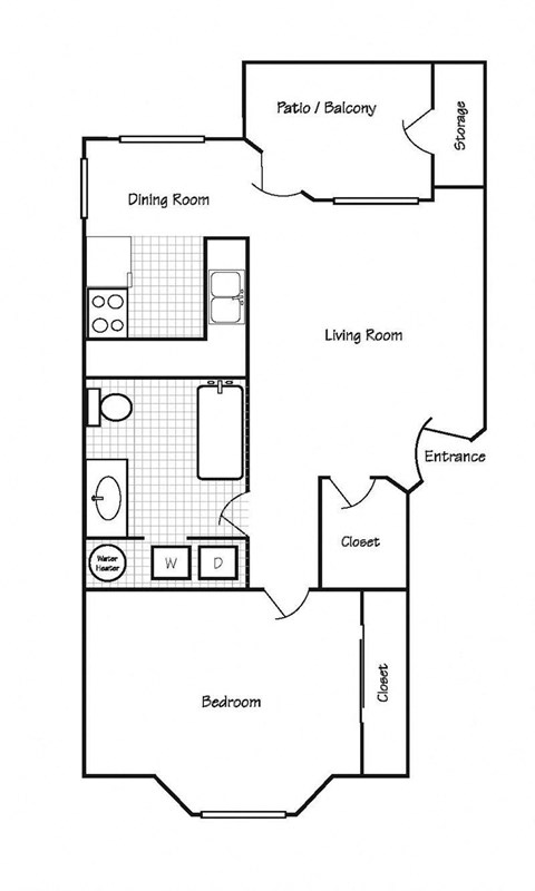 Floor plan for 1 bed, 1 bath, 700 sqft